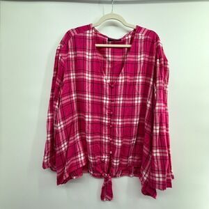 Lane Bryant 24 Pink Flannel Plaid Button Tie Hem Blouse Metallic Thread